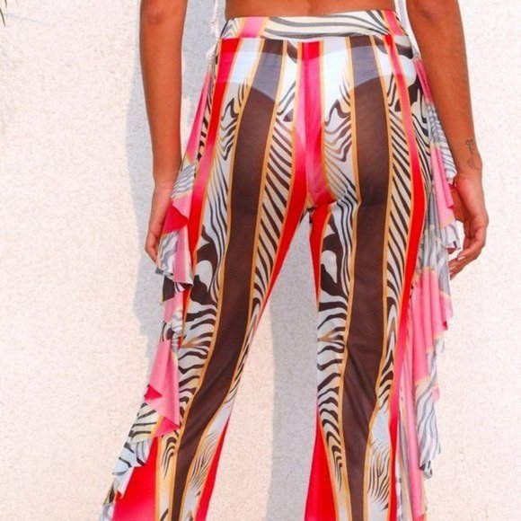 Callie Wild: Zebra Stripe Mesh Ruffle Beach Coverup Animal Print Pants - Picture 12 of 15